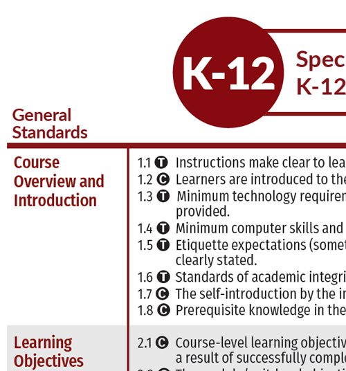 close up of K-12 specific review standards showing t and c next to review standard number