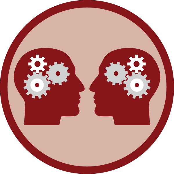 two heads with gears for brains facing each other inside a circle