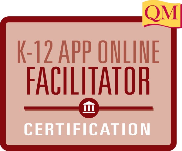 K-12 app online facilitator certification text inside red square
