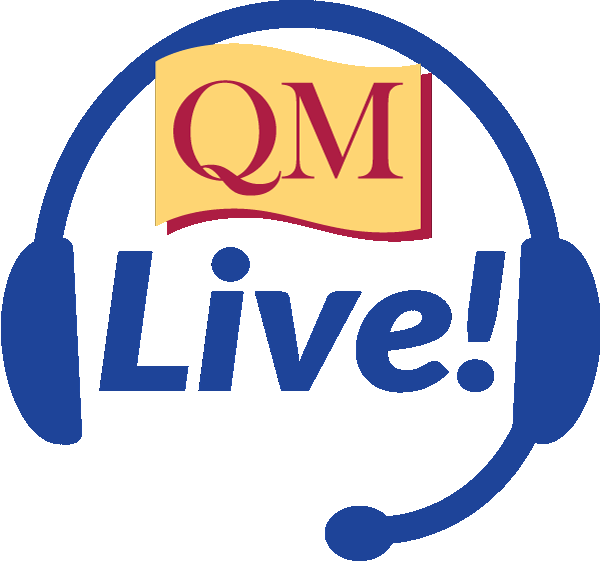 blue headphones with QM Live! in the center