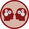 two heads with gears for brains facing each other inside a circle