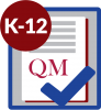 K-12 in red circle on top of paper with check mark that has QM on it