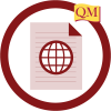 circle with QM logo that contains an icon depicting a document with a globe